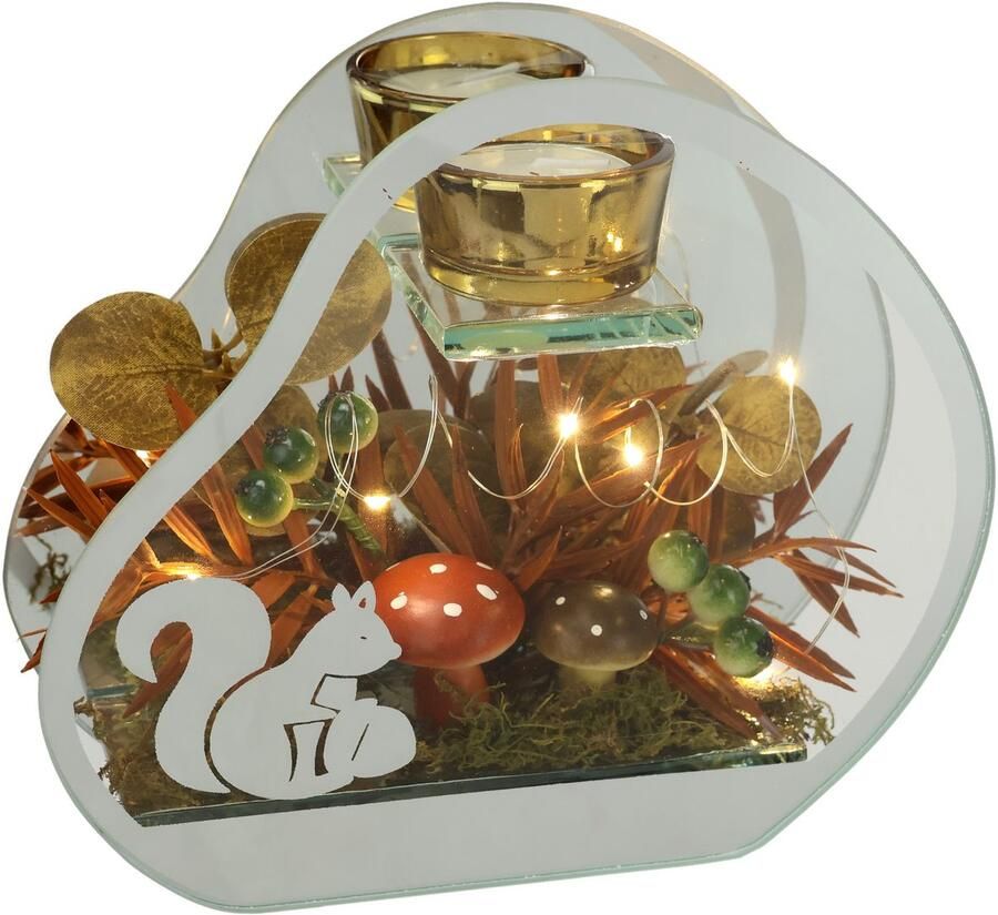 I.GE.A. Waxinelichthouder Theelichthouder van glas met theelichtkaars Herfstachtig versierd met paddenstoelen eekhoorn herfstbladeren kaars windlicht (1 stuk)