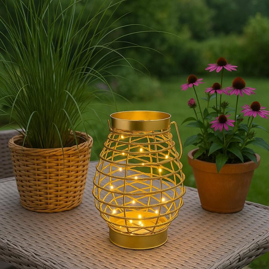 I.GE.A. Windlicht LED-lantaarn van metaal met koord Windlicht kaarsenlantaarn goudkleur tafeldecoratie lichtsnoer