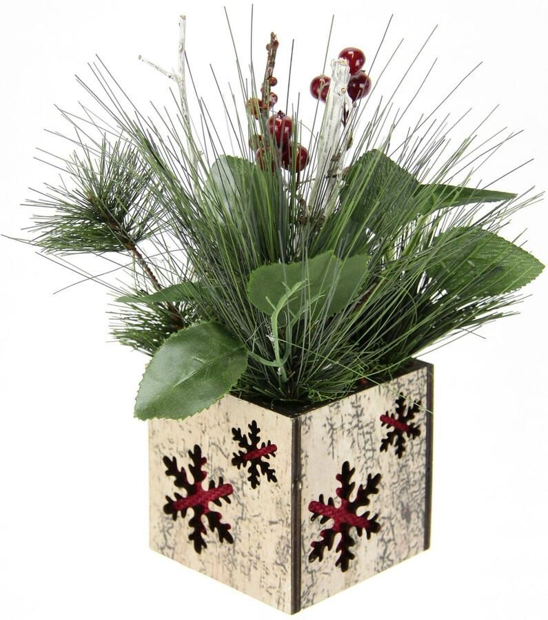 I.GE.A. Winterse kunstplant Kerstarrangement met appel in pot winterarrangement Kunstbloemenstuk met kegels bessen en decoratieve takken kerstdecoratie (1 stuk)