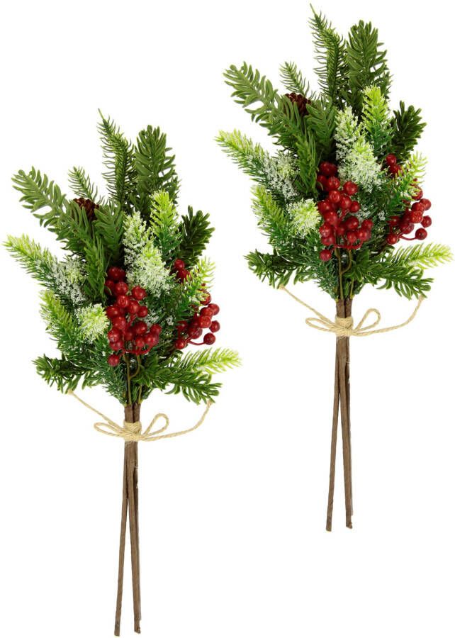I.GE.A. Winterse kunstplant Kunsttak decoratieve tak van kunststof kerstdecoratie met echte kegels bessen en strik bevroren 2-delige set groen rood (set 2 stuks)