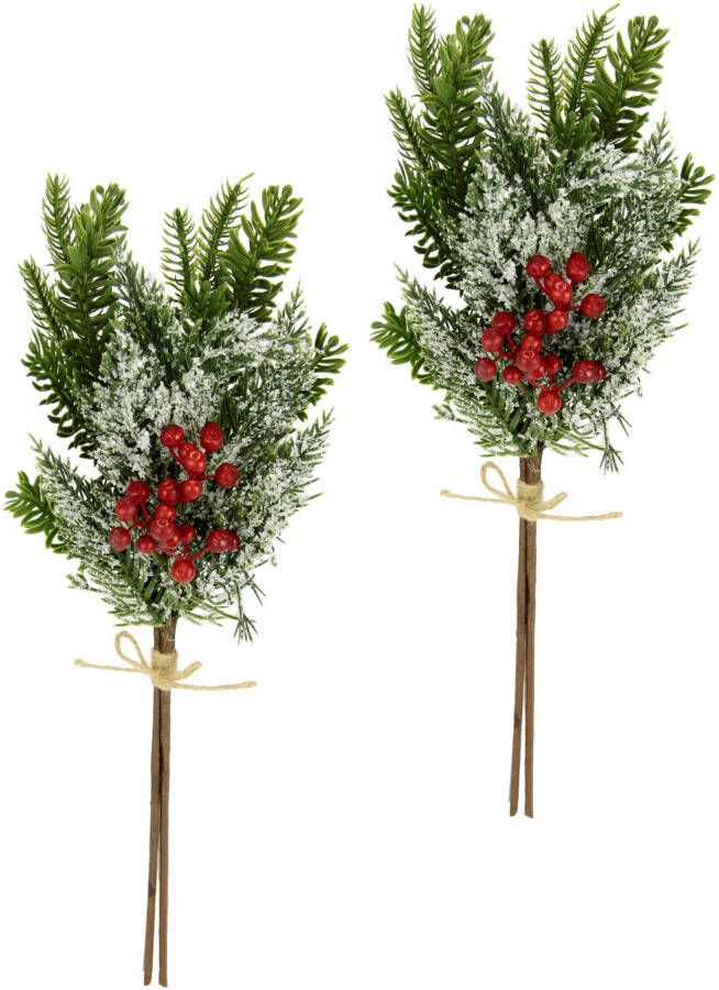 I.GE.A. Winterse kunstplant Kunsttak kunstmatige dennenbundel met kunstsneeuw met bessen en strik gevroren 2-delige set groen rood wit natuur (set 2 stuks)