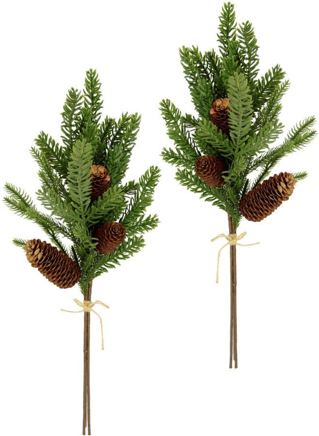 I.GE.A. Winterse kunstplant Kunsttak kunstmatige dennenbundel met echte kegels 2-delige set groen natuur (set 2 stuks)