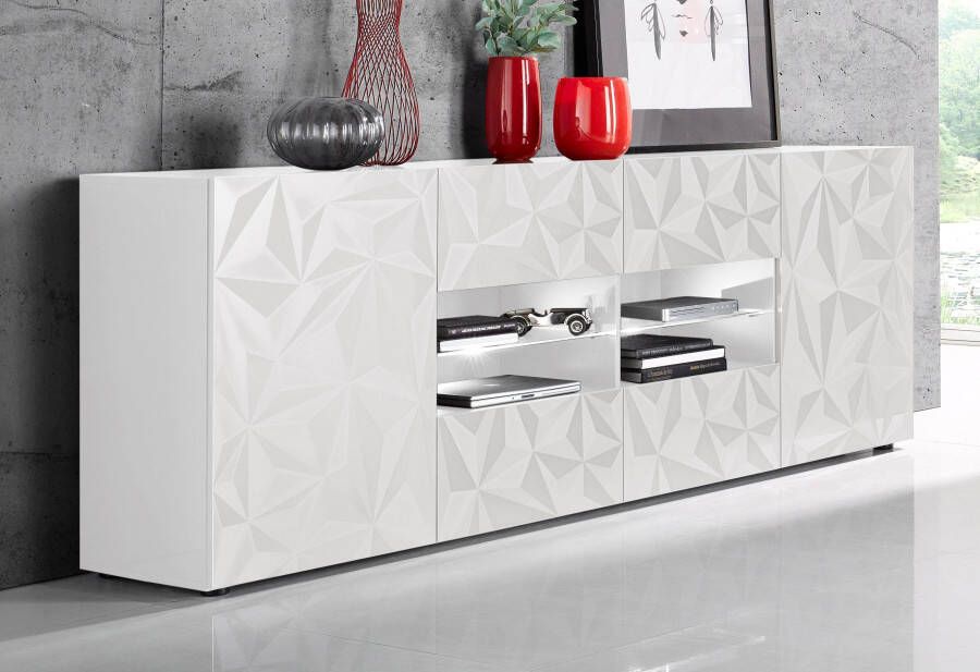 INOSIGN Dressoir Prisma Breedte 241 dressoir 2 deuren 4 lades dressoir Voorkant met elegante zeefdruk greeploos veel opbergruimte