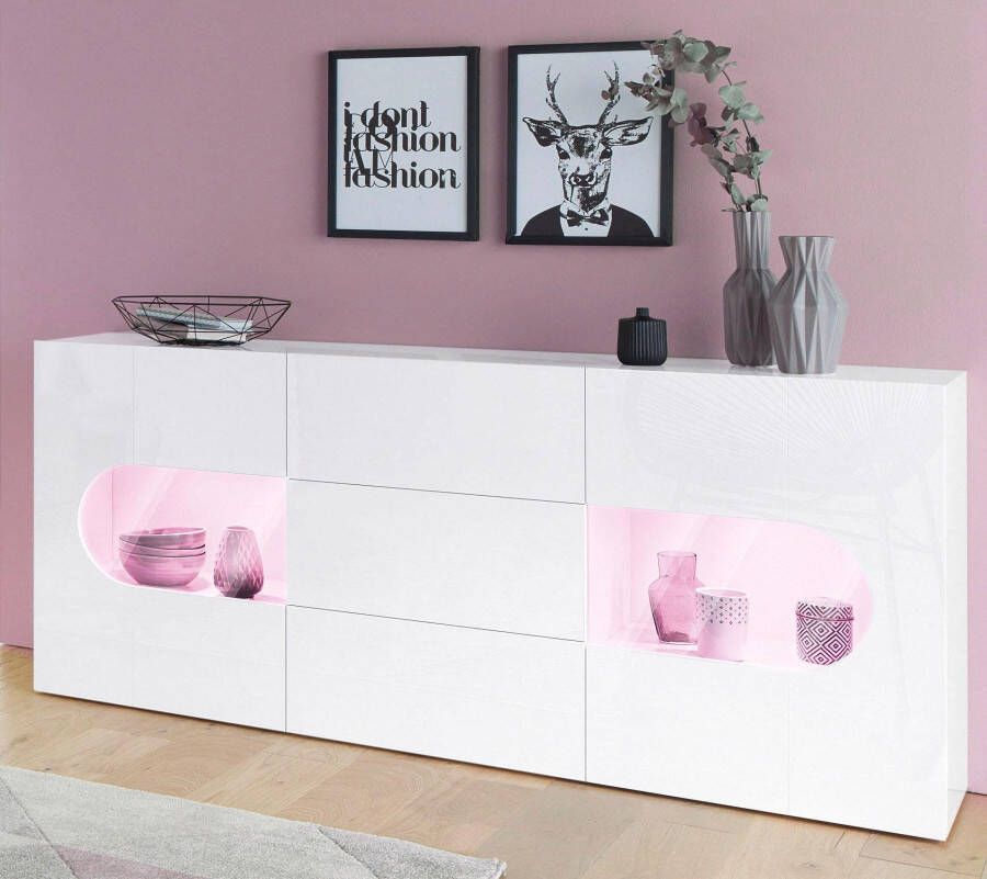 INOSIGN Dressoir Real vitrinekast commode kast volledig hoogglans gelakt met 2 glazen deuren en 3 lades zonder handgreep breedte 180