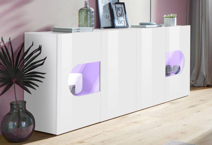 INOSIGN Dressoir Real vitrinekast commode kast volledig hoogglans gelakt met 4 deuren waarvan 2 glazen deuren zonder handgreep breedte 200