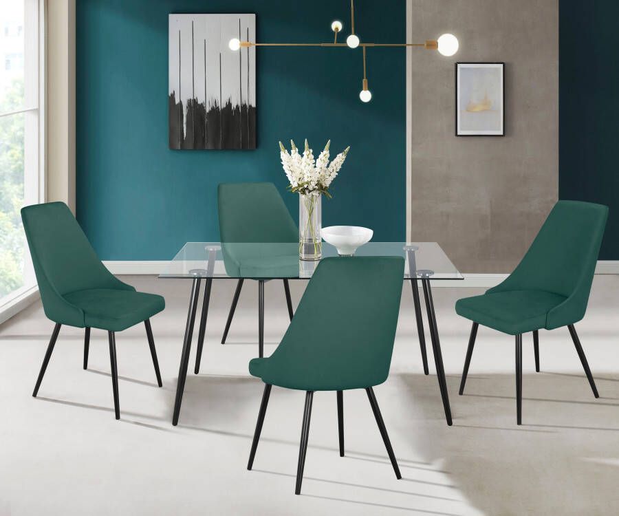 INOSIGN Eethoek Danny-Malio Glazen tafel 140x80 cm met 4 stoelen (velours stof) frame van metaal (set 5-delig)