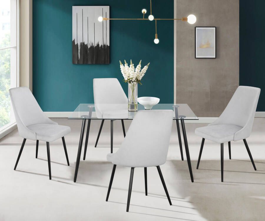 INOSIGN Eethoek Danny-Malio Glazen tafel 140x80 cm met 4 stoelen (velours stof) frame van metaal (set 5-delig)