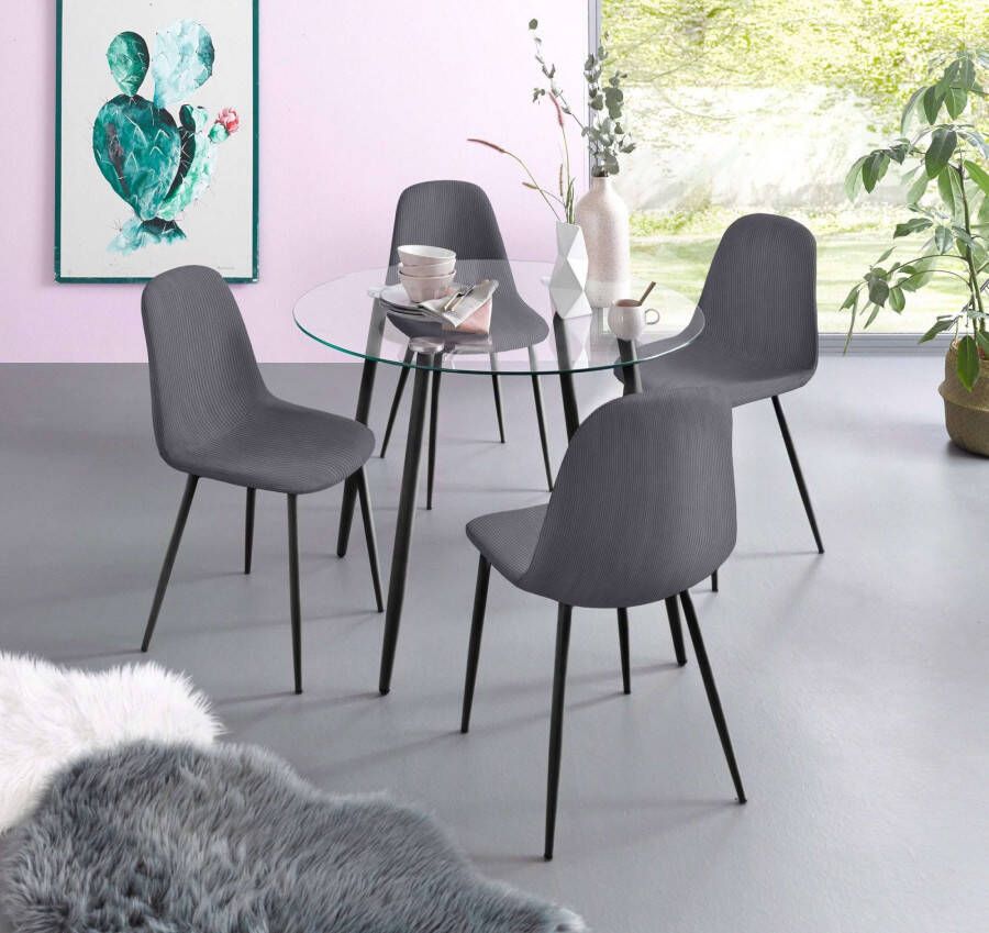 INOSIGN Eethoek Danny-Miller Glazen tafel 100x100 cm met 4 stoelen in cord frame van metaal (set 5-delig)