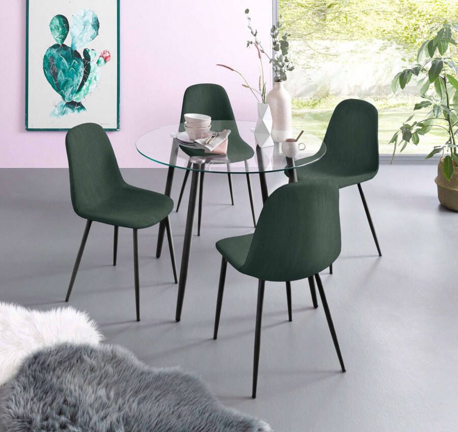 INOSIGN Eethoek Danny-Miller Glazen tafel 100x100 cm met 4 stoelen in cord frame van metaal (set 5-delig)