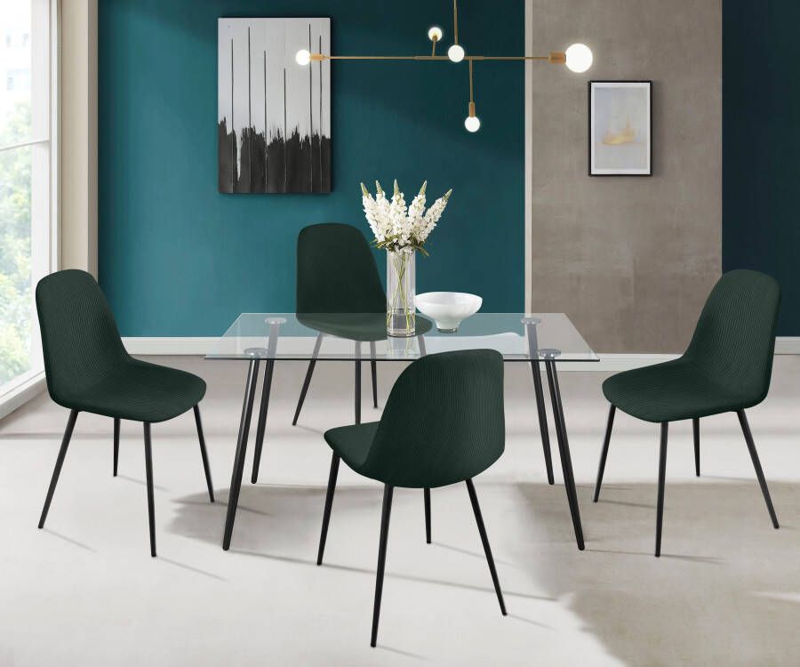 INOSIGN Eethoek Danny-Miller Glazen tafel 140x80 cm met 4 stoelen (cord) frame van metaal (set 5-delig)