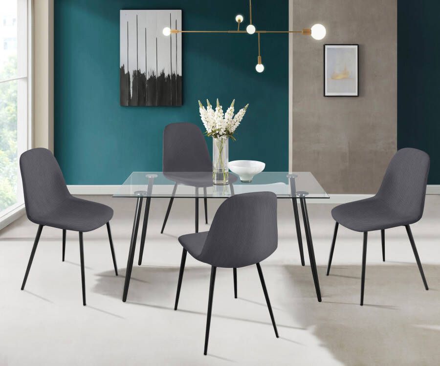 INOSIGN Eethoek Danny-Miller Glazen tafel 140x80 cm met 4 stoelen (cord) frame van metaal (set 5-delig)