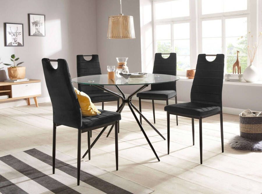 INOSIGN Eethoek Silvi-Mandy Glazen tafel 110x110 cm met 4 stoelen (velours stof) frame van metaal (set 5-delig)