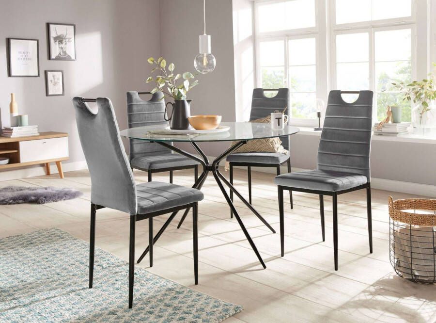 INOSIGN Eethoek Silvi-Mandy Glazen tafel 110x110 cm met 4 stoelen (velours stof) frame van metaal (set 5-delig)