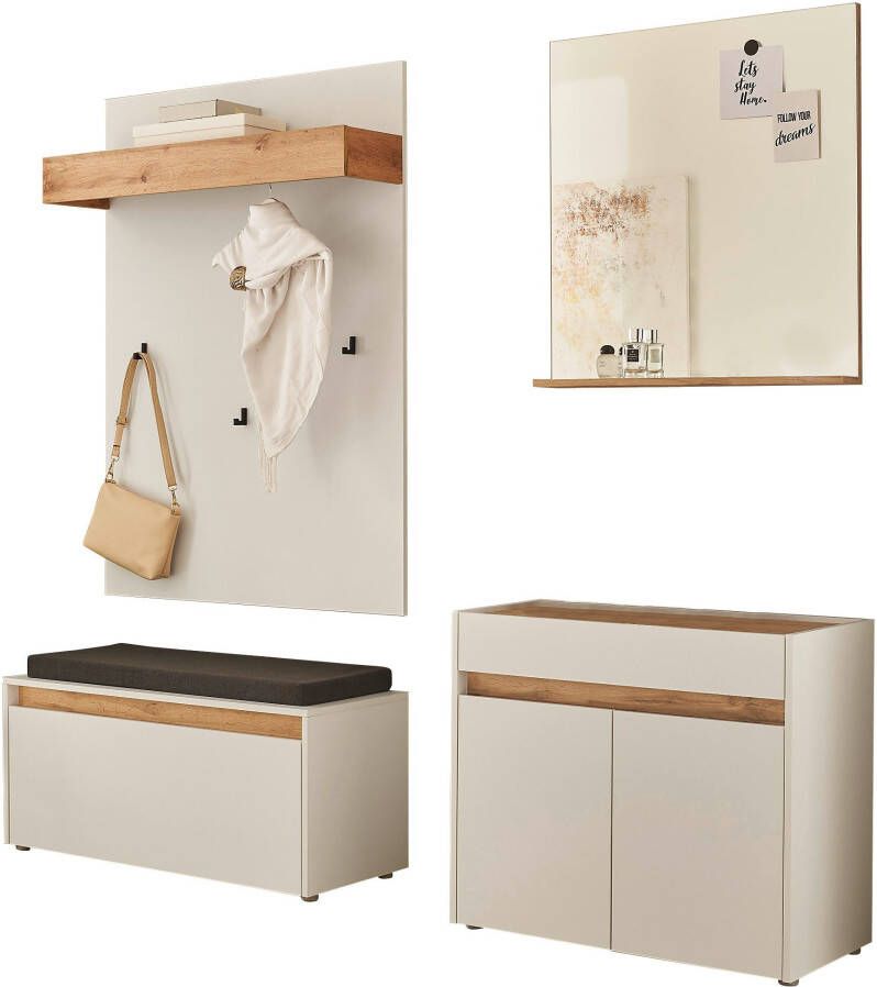 INOSIGN Halmeubelset GIRON CiTY Garderobe in Wotan Eik moderne garderobekast bevat commode spiegel paneel & schoenenbank + zitkussen 190 cm breed (complete set 4-delig)