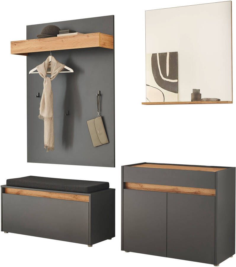 INOSIGN Halmeubelset GIRON CiTY Garderobe in Wotan Eik moderne garderobekast bevat commode spiegel paneel & schoenenbank + zitkussen 190 cm breed (complete set 4-delig)