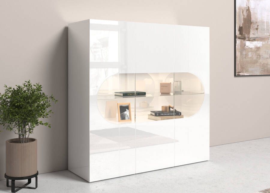INOSIGN Highboard Real highboard commode kast met 3 deuren volledig hoogglans gelakt met 3 deuren waarvan 2 van glas met een grote glazen plank hoogte 121