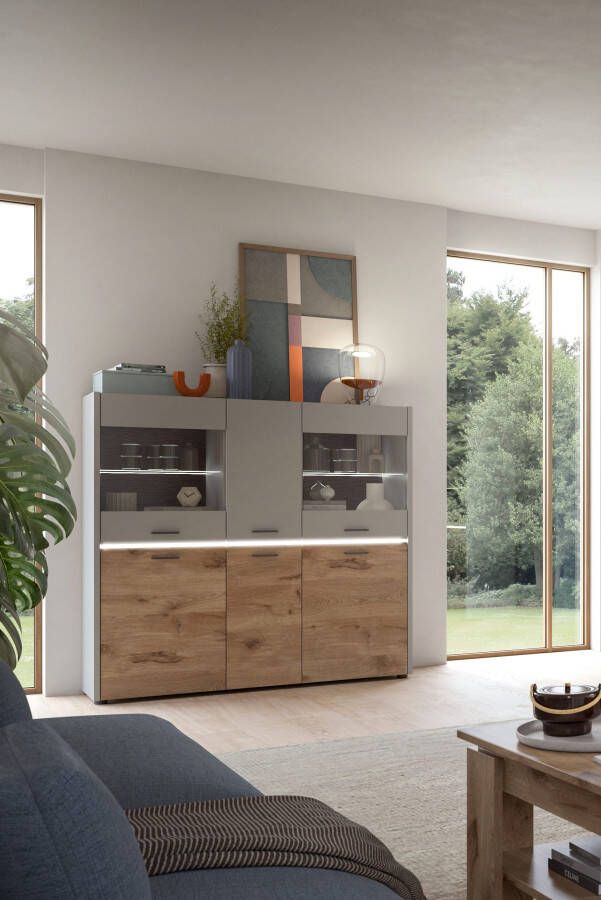 INOSIGN Highboard Spezia Hoogte 131cm in Lichtgrijs 2 Glazen deuren 2 Glasplanken 12 vakken