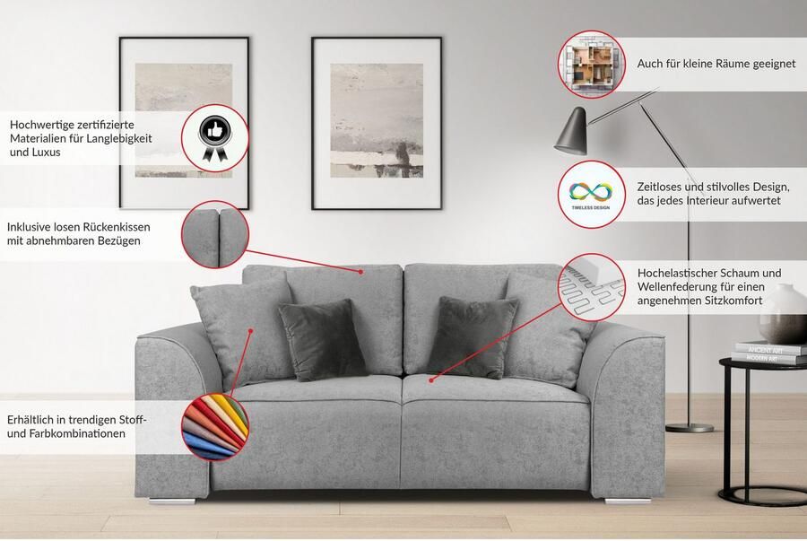 INOSIGN 2-zitsbank BEATRICE verkrijgbaar in trendy stofopties B D H: 143 73 92 cm In hoogwaardige afwerking incl. 2 grote sierkussens in de kleur van de romp