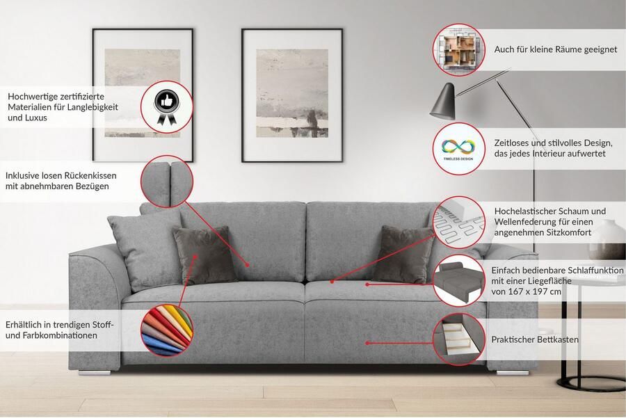 OTTO INOSIGN 3-zitsbank BEATRICE ook als slaapbank met bedlade B D H 250 107 92 cm