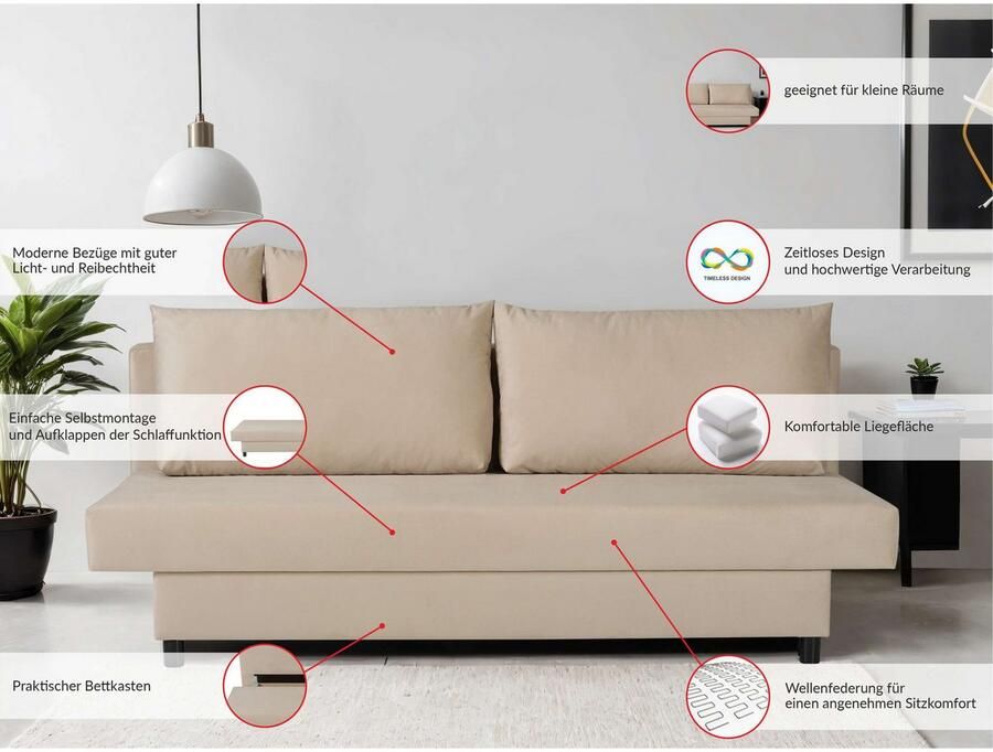 INOSIGN 3-zitsbank SAWYER slaapbank met bedlade en golfvering onderhoudsvriendelijke bekleding: velvet & structuur b d h 193 86 83 5 cm