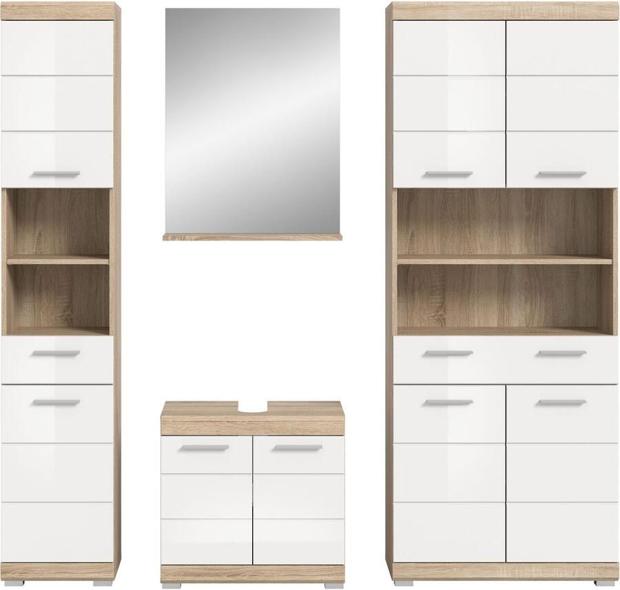 INOSIGN Badkamerserie Siena 4-delig bestaande uit: Hoge kast wastafelonderkast badkamer spiegel brede hoge kast (set 4-delig)