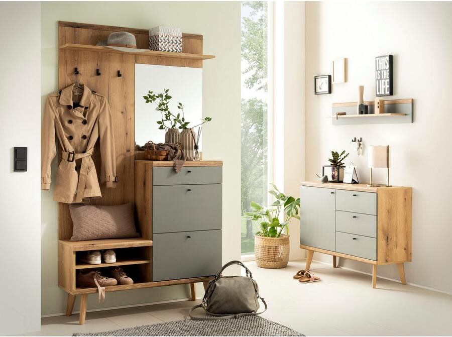 INOSIGN Compact kapstokmeubel Mavas Garderobe Garderobekast ScandicDesign Evoke Eik Salie voldoende opbergruimte geschikt voor kleine ruimtes 110 cm breed