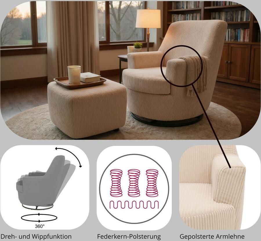 INOSIGN Draaibare fauteuil HETTY draaistoel met schommelfunctie leesstoel in cord en microvezel (1 stuk)
