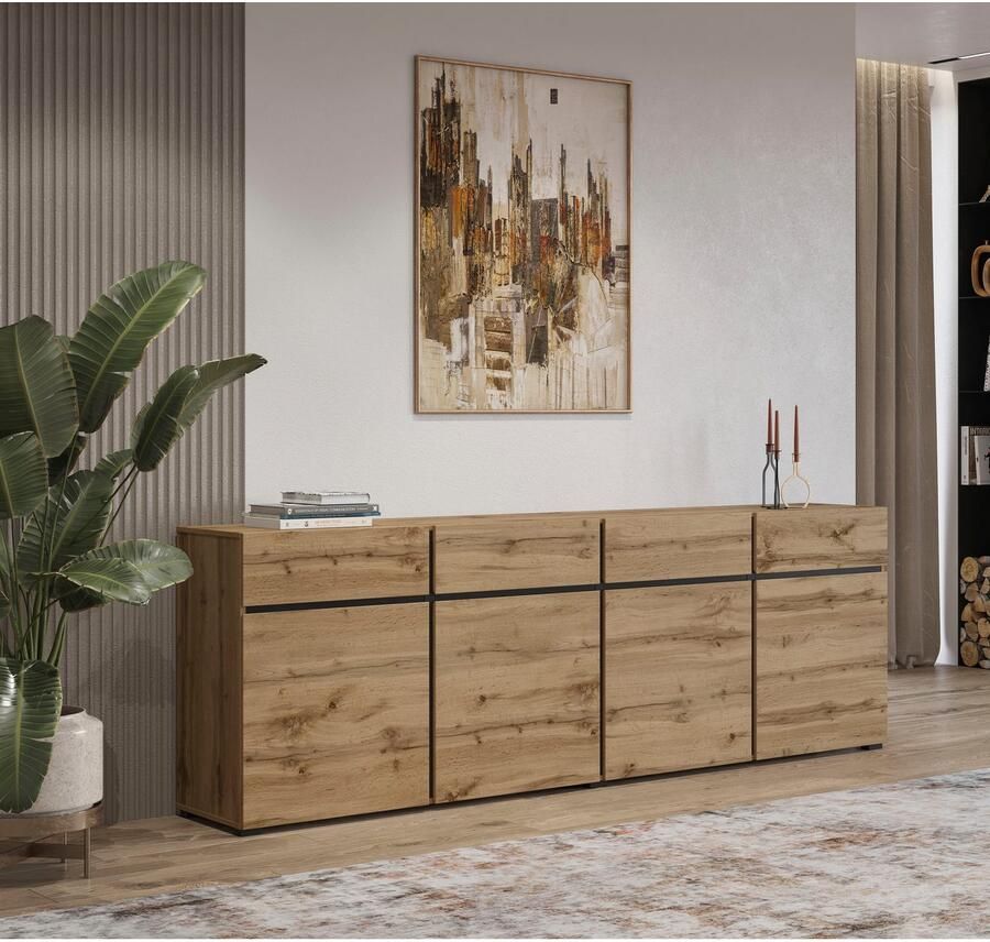 INOSIGN Dressoir Cross breedte 225 cm moderne greeploze ladekast 4 deuren 4 laden