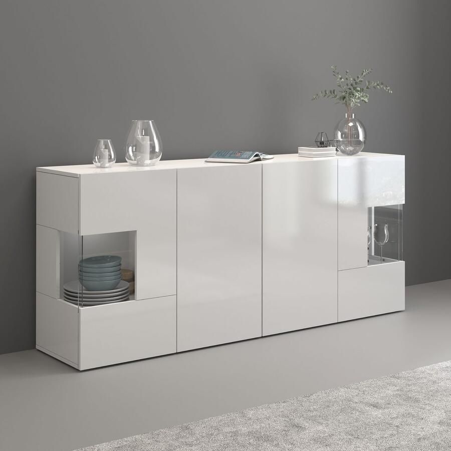 INOSIGN Dressoir Egypte Ladekast Kast Buffet Vitrine greeploos 4 deuren waarvan 2 met glas inzet compleet hoogglans gelakt breedte 180