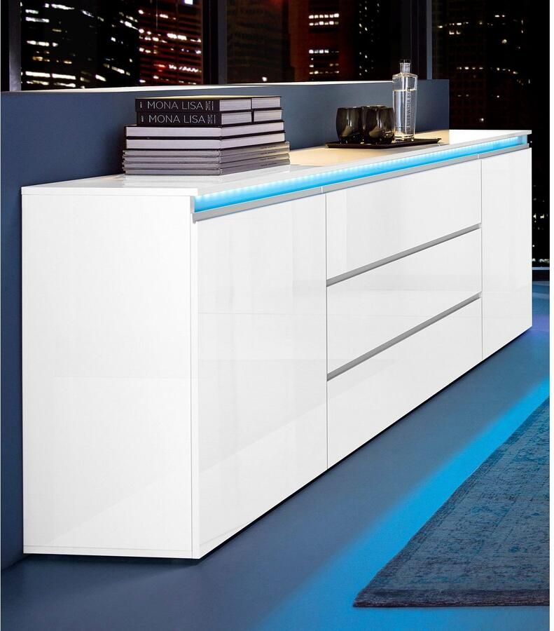 INOSIGN Dressoir Magic commode kast dressoir met 2 deuren en 3 lades hoogglans gelakt (b d h) 240x40x80 cm