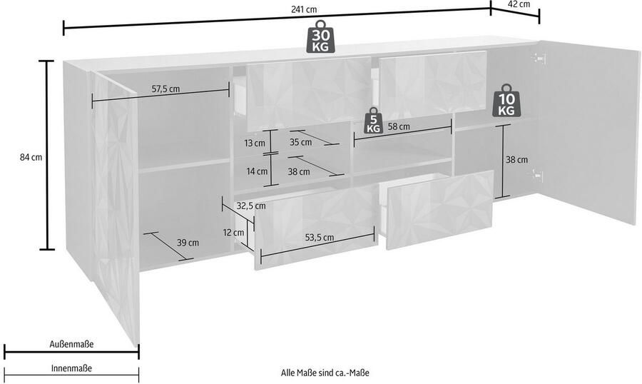 INOSIGN Dressoir Prisma Breedte 241 dressoir 2 deuren 4 lades dressoir Voorkant met elegante zeefdruk greeploos veel opbergruimte