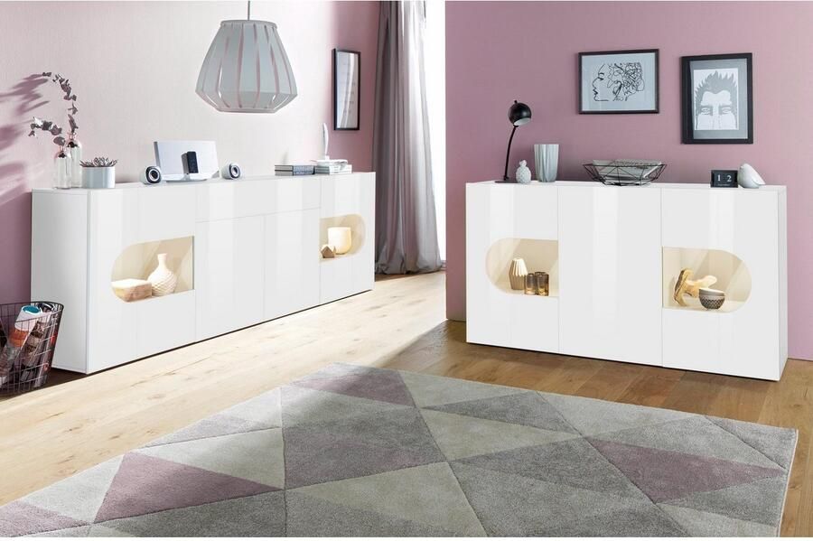 INOSIGN Dressoir Real vitrinekast commode kast volledig hoogglans gelakt met 4 deuren waarvan 2 glazen deuren en 1 lade zonder handgreep breedte 220 cm