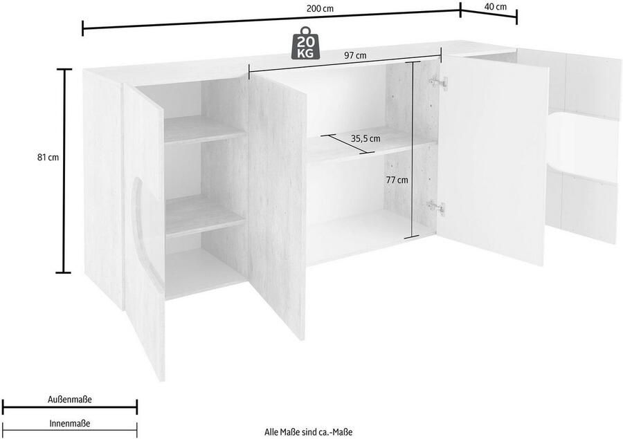 INOSIGN Dressoir Real vitrinekast commode kast volledig hoogglans gelakt met 4 deuren waarvan 2 glazen deuren zonder handgreep breedte 200