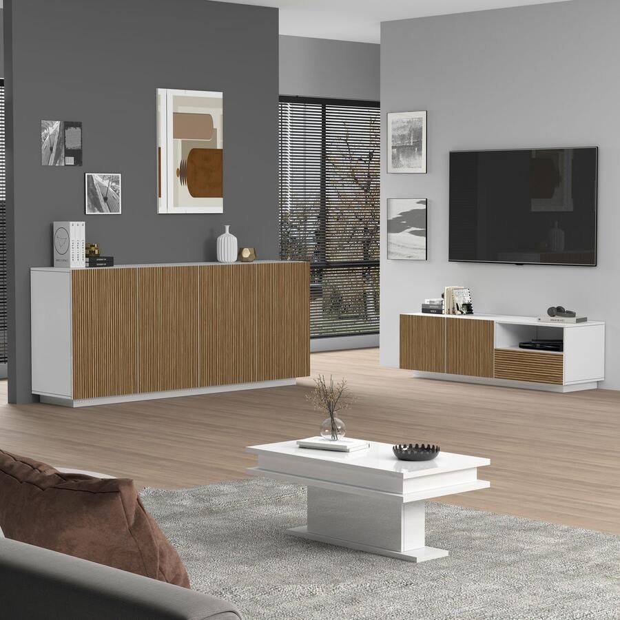 INOSIGN Dressoir Vega Sideboard Ladekast 200 cm met 4 deuren fronten met groeven-look