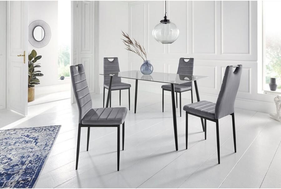 INOSIGN Eethoek Glazen tafel breedte 140 cm en 4 eetkamerstoelen bekleding van fluweel (set 5-delig)