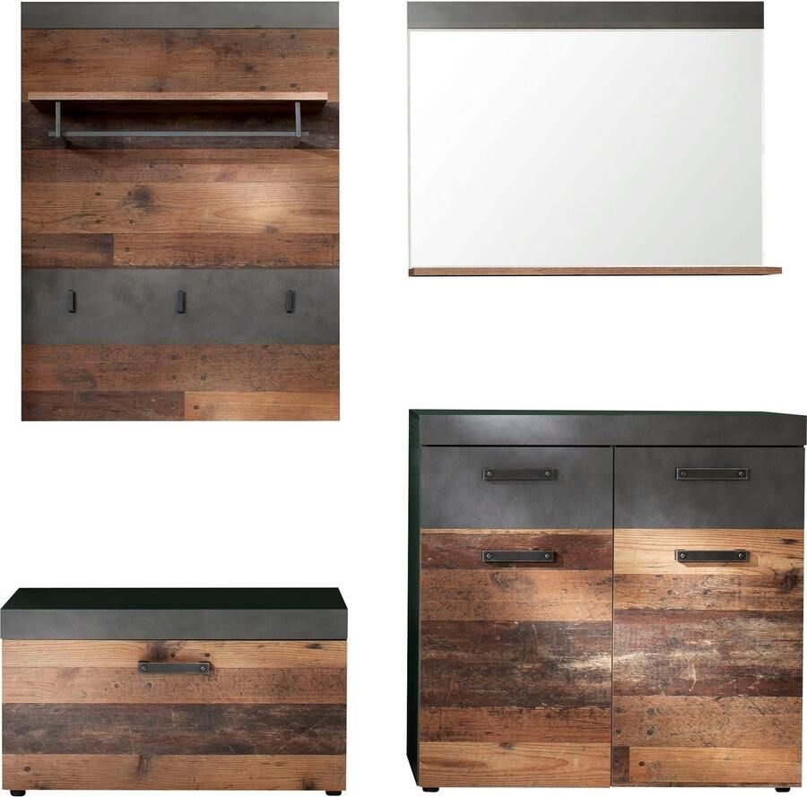 INOSIGN Halmeubelset Ilana Garderobemeubels in moderne industriële stijl met antiekgekleurde handgrepen (set 4-delig)