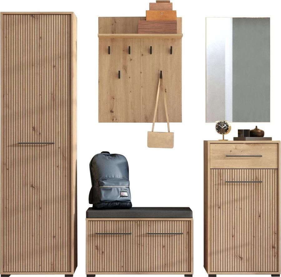INOSIGN Halmeubelset Landes halmeubelen breedte 189 cm in artisan eik met strepen (set 5-st) incl. 2 kasten zitbank garderobe paneel en spiegel (complete set 5 stuks)