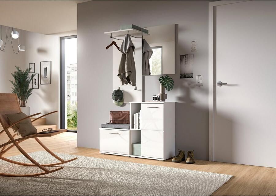 INOSIGN Halmeubelset Valge Breedte 110 cm 4-delig Set bestaande uit: Zitbank garderobepaneel schoenenkast en garderobespiegel (4 stuks)