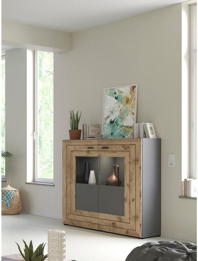 INOSIGN Highboard Aalborg hoogte 117 cm 2 glazen deuren 6 vakken 2-kleurig metalen handgrepen