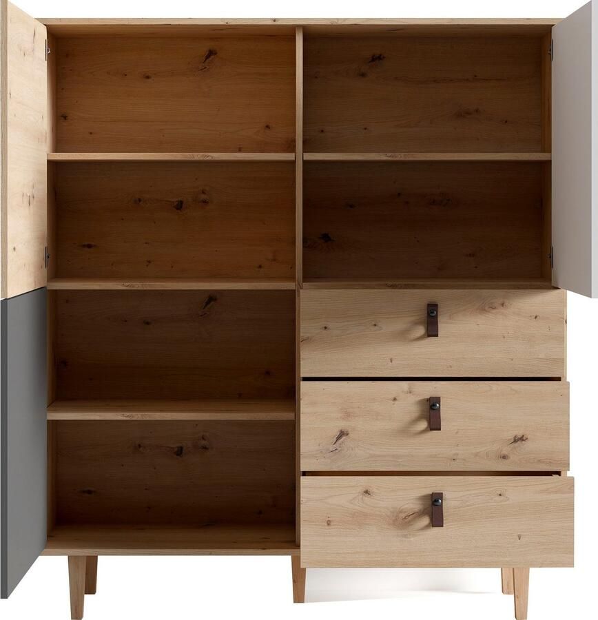 INOSIGN Highboard Bill met drie lades en drie deuren 120 cm breed met verstelbare legplanken massieve houten poten