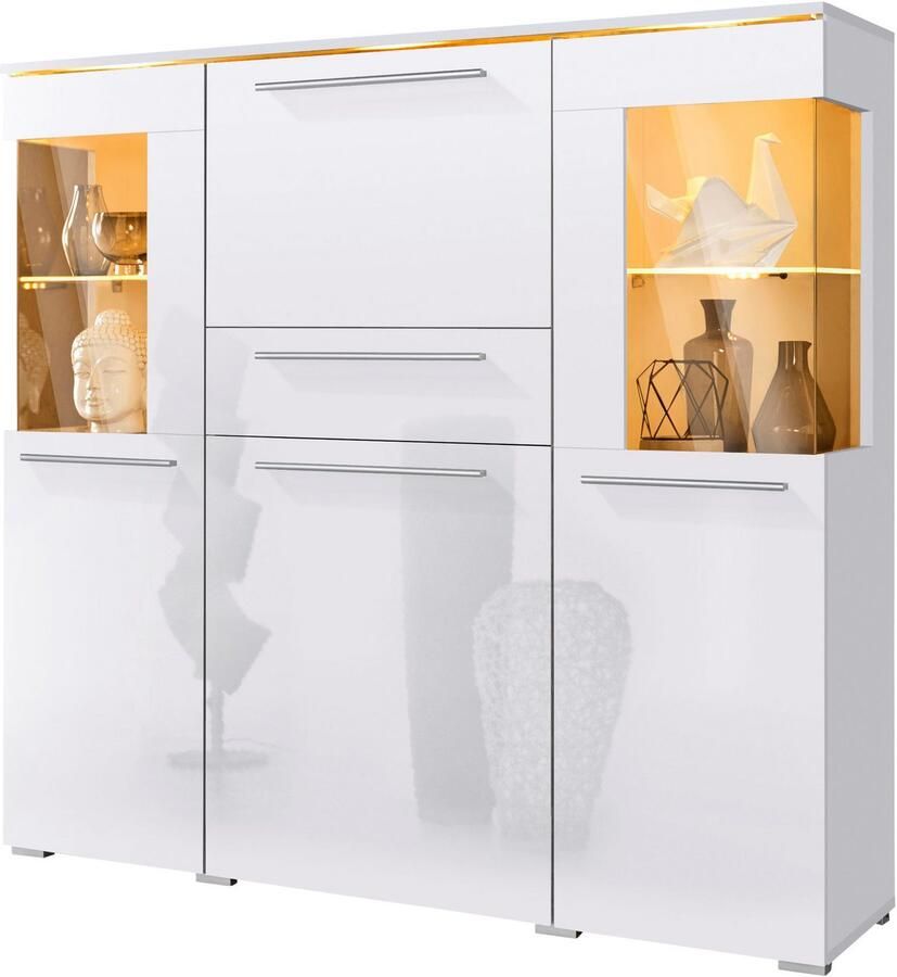 INOSIGN Highboard India breedte 130cm stijlvolle hoge kast met 3 deuren klep en lade