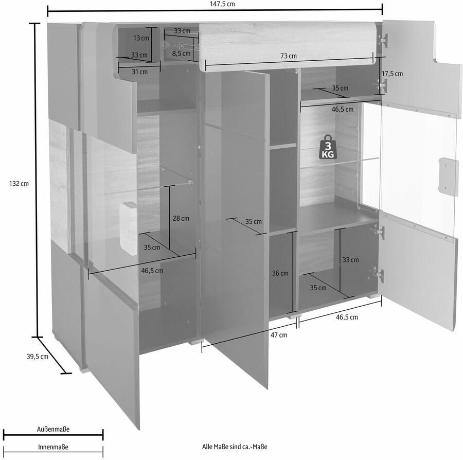 INOSIGN Highboard Toledo breedte 147 5 cm modieuze hoge kast met 3 deuren en lade