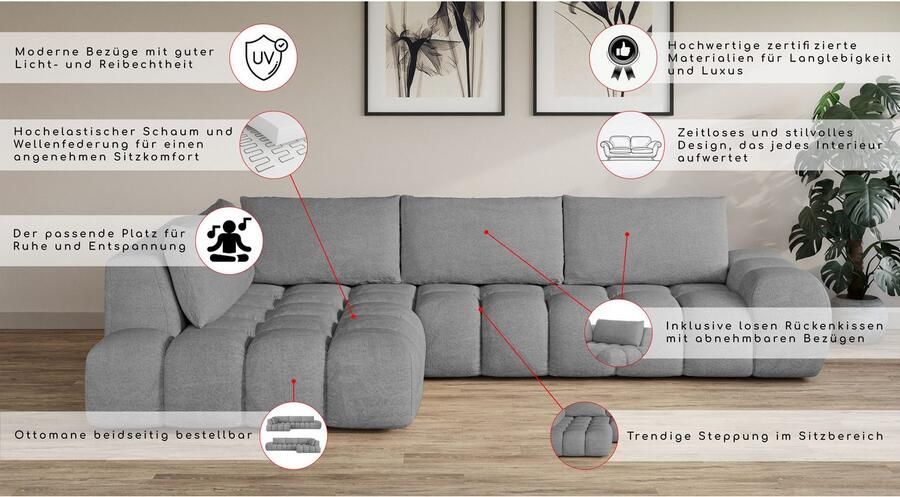 INOSIGN Hoekbank AZITA designsofa elegant en comfortabel L-vorm bubbel-look losse rugkussens droomachtige stiksels afmetingen b d h: 352 210 72 cm