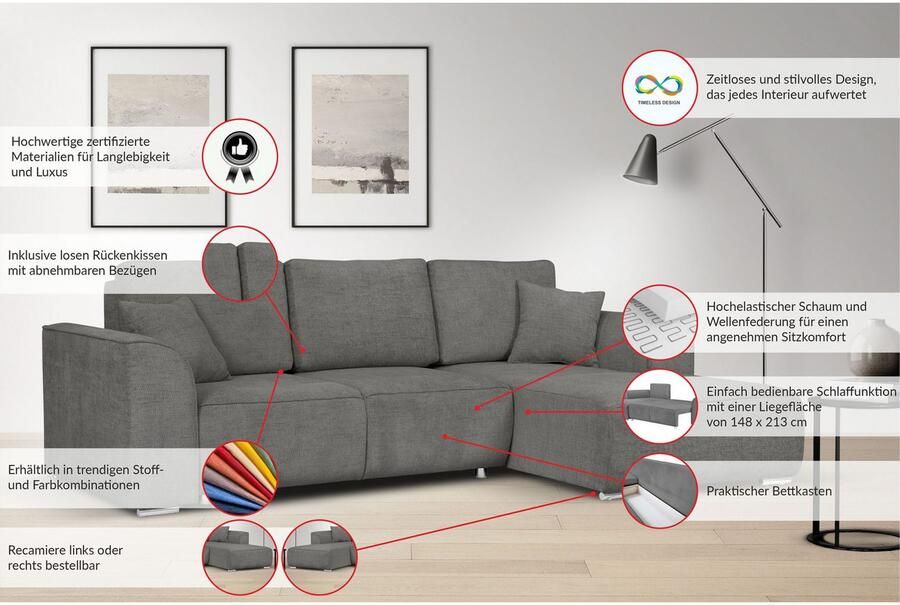 INOSIGN Hoekbank BEATRICE optionele slaapbank met bedlade B D H: 265 170 86 cm