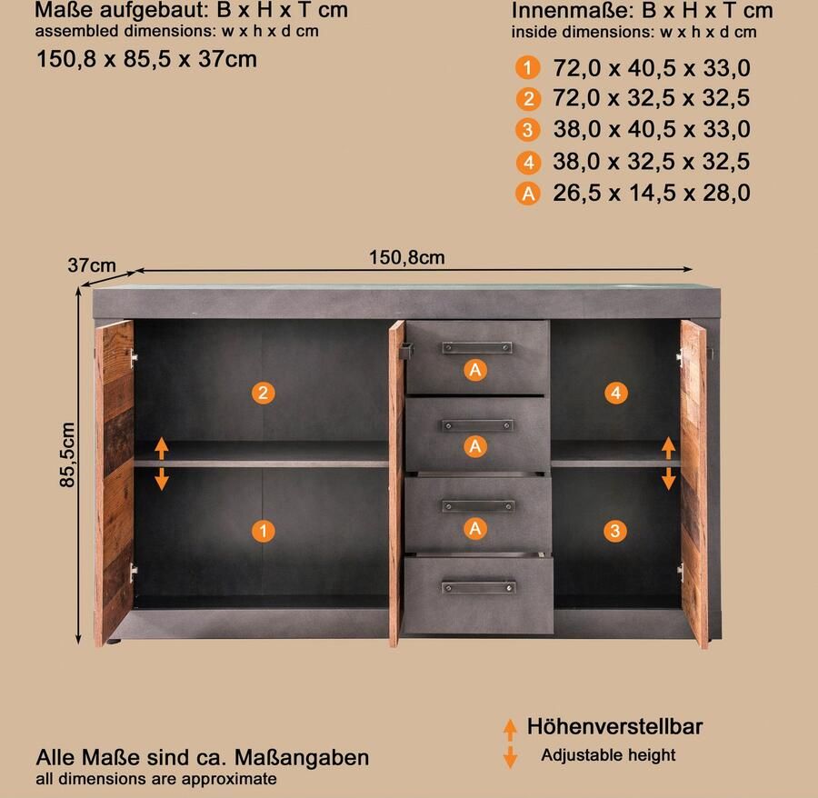 INOSIGN Kast Ilana Kast met 3 deuren & 4 laden (B D H) 151 37 86 cm