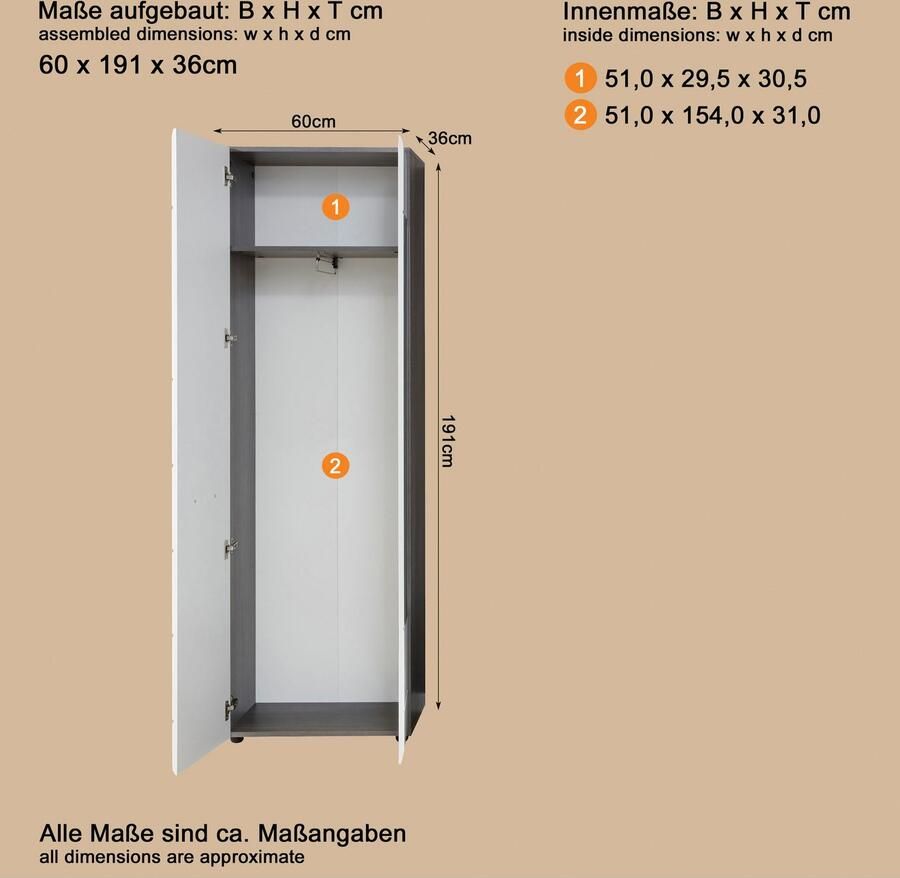 INOSIGN Kledingkast Sovana Garderobekast met 2 deuren & spiegel (B D H) 60 36 191 cm