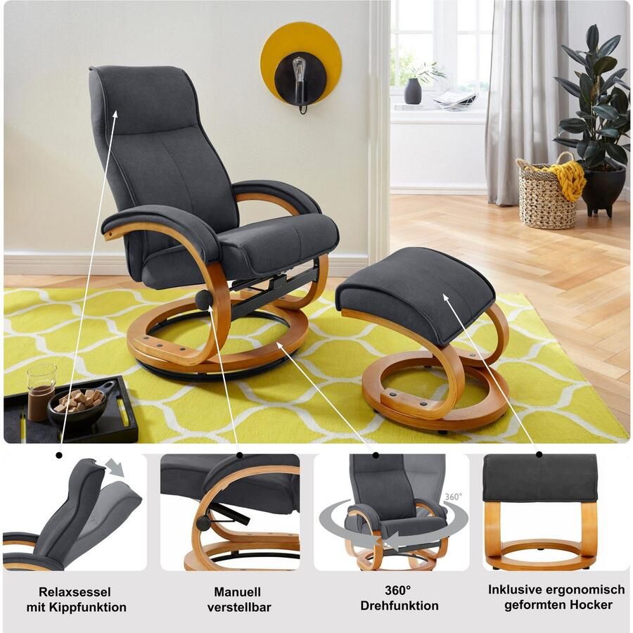 Home affaire Relaxfauteuil Lille TV-stoel met poef woonkamer Slaapfunctie luxe microvezel bekleding en houten frame zithoogte 46 cm