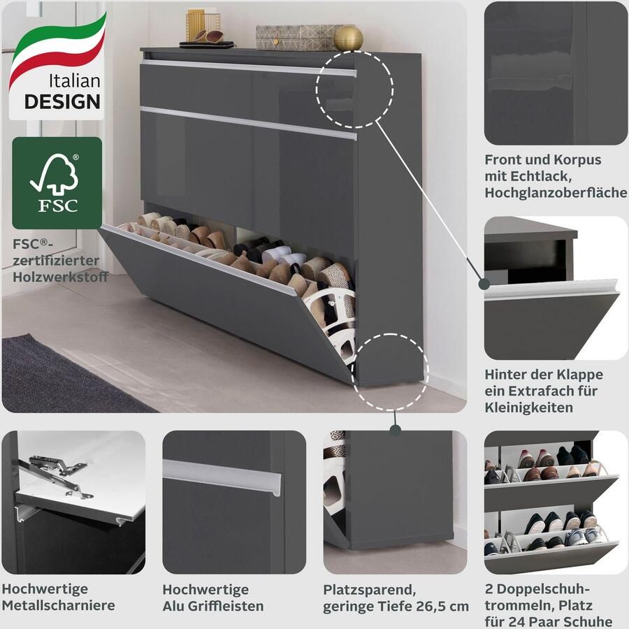 INOSIGN Schoenenkast Magic schoenenkast schoenencommode schoenenrek soft grip 3 kleppen dubbele schoentrommels hoogglans gelakt of mat breedte 120