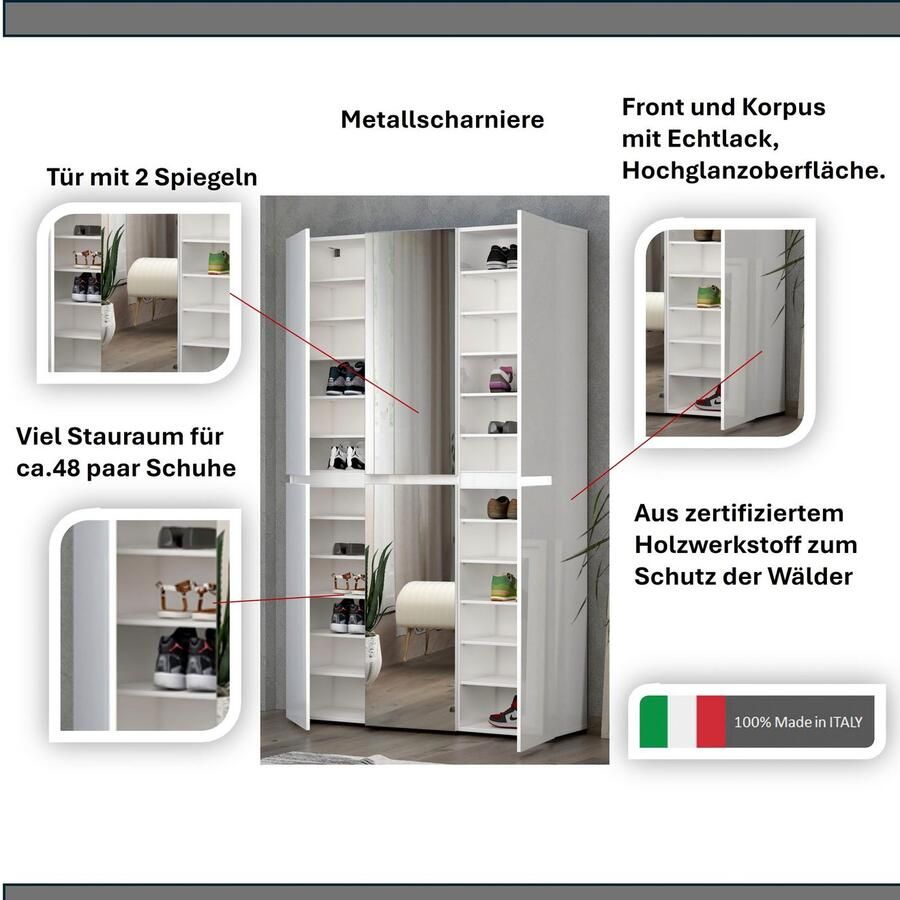 INOSIGN Schoenenkast Mister schoenenkast schoenenmeubelen schoenenopslag schoenenrek Breedte 120 cm hoogte 200 cm diepte 34 cm 6 deuren 24 vakken 2 spiegels