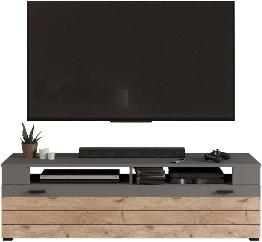 INOSIGN Tv-meubel Aalborg breedte 140 cm 1 klep 2 open vakken metalen handgrepen